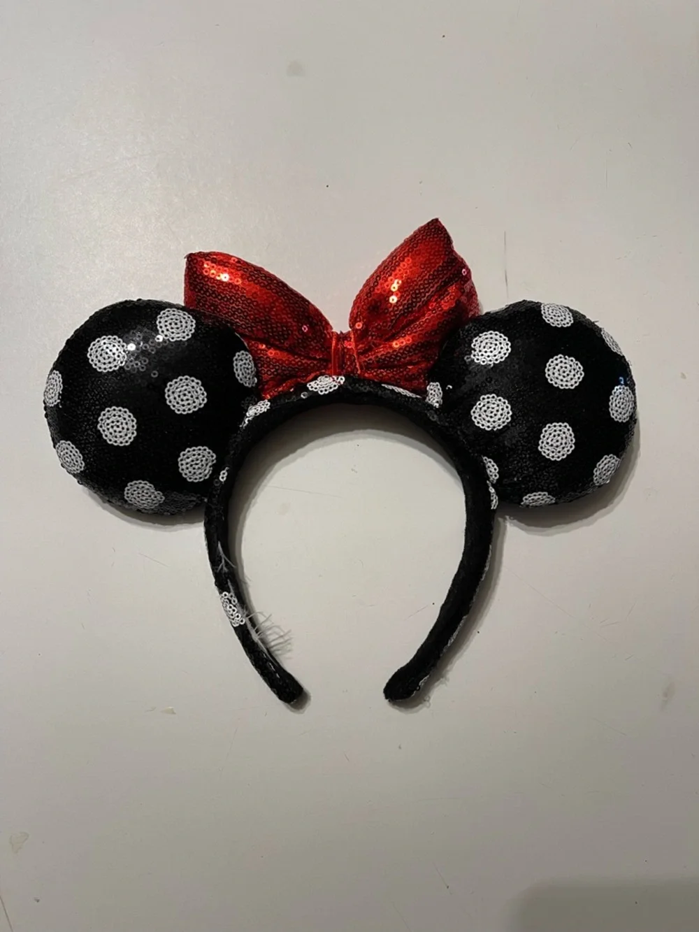 Disney Park Minnie Mouse Sequin Polka Dot Ear Headband Red Bow Costume Accessory